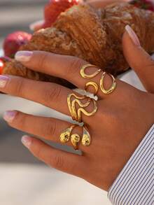 3pcs/1pc Delicate Wave Opening Gold Stainless Steel Ring Set, 18K Gold Plated Adjustable Finger Ring, Minimalist Stackable Jewelry, Perfect Gift For Girlfriend, Wife And Best Friend On Birthday, Anniversary - Multicolor - View 4