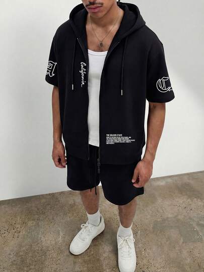 男士夏季短袖连帽开衫，复古休闲字母印花运动街头风