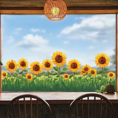 2pcs Summer Vibrant Sunflowers Window Stickers Decoration - With Vibrant Sunflowers Pattern Design, Or Living Room, Bedroom, Kitchen, Bathroom Window Wall Nature Themed Home Decor Stickers, Single Use, Self-Adhesive Removable PVC Stickers