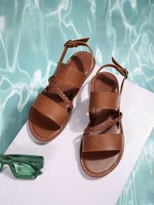 1 Pair  Casual  Feather    Cut Out    Vacation    Beach    Women   Summer  Sandals - Rỉ Nâu - Xem 3