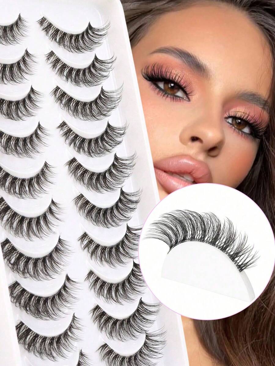 10对猫眼假睫毛，柔软浓密，3D立体水貂毛睫毛，纤长纤长，根根分明，凌乱多层，短款浓密假睫毛，嫁接假睫毛，化妆用假睫毛，6-14毫米 - 黑色 - 查看 1