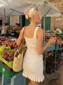 1pc Women's Summer Square Neck Ruffle Hem Fitted Sleeveless Knit Dress - Apricot - View 5