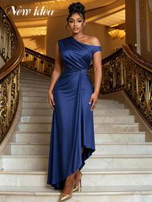 Women's Elegant Navy Blue Satin Long Dress, Asymmetric Ruched High Waist Fitted Design, Suitable For Spring/Summer Occasions Like Festivals, Weddings, And Concerts - Navy Blue - View 3