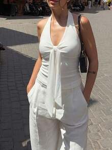Áo hai dây dệt kim màu trắng buộc cổ, áo vest thời trang thường ngày mùa hè - trắng - Xem 4