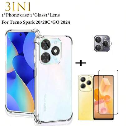 适用于 Te Cno Spark 20/20C/GO 2024 的全新 3 合 1 透明抗冲击手机壳 + 9H 硬度钢化玻璃屏幕保护膜（适用于 Te Cno Spark 20/20C/GO 2024，防刮防裂无气泡，游戏专用）+ 镜头膜，3 件装超值套装，安装简便