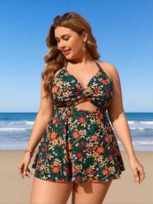 2026 New Plus Size Women's Sexy Fashion Vintage Floral Halter Twist One-Piece Swimdress For Vacation & Leisure - Nhiều màu - Xem 2