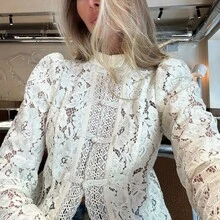 Awevudst Women Long Sleeve Lace Floral Mandarin Collar Guipure Split Blouse Top Sheer Mesh See Through Puff Sleeve Button Down Shirts Slim Fit Elegant Summer Sheer Mesh Tops Party Clubwear Beachwear - 白色 - 查看 11