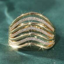 Luxury Copper Material, Wide Surface, Multi-Line Design, Wavy Design, Inlaid Synthetic Zirconia, Specially Designed Women's Ring - Gold - View 11