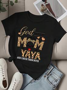 Dam T-shirt med rund hals, leopardtryck, "Mom And Yaya"-grafik, kortärmad, perfekt present till mamma och mormor, vardagskläder. - Svart - Visa 2