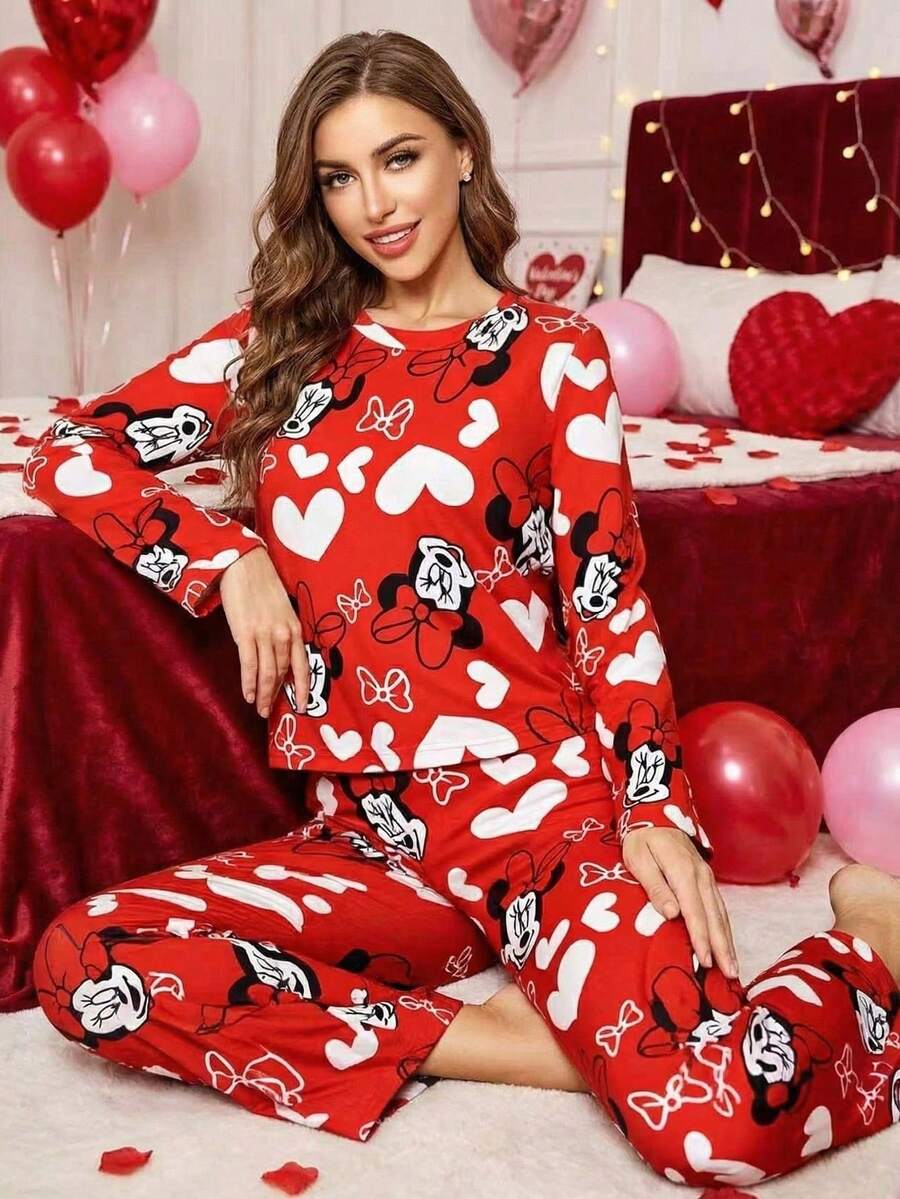 Disney 2pcs Women's Red Valentine's Day Pajama Set, Comfortable Home Wear, Soft Fabric - Red - View 1