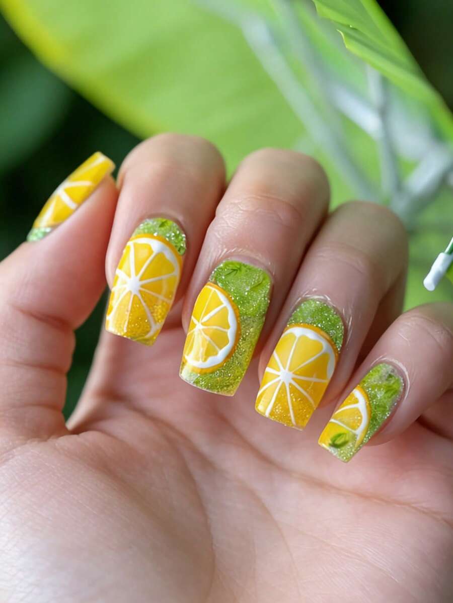 24pcs Medium Square Summer Fresh Lemon Pattern Full Cover False Nails Set, Includes 1pc Sticker Sheet And 1pc Mini Nail File, Suitable For Office And Daily Wear, Random Delivery Of Jelly Glue - Multicolor - View 1