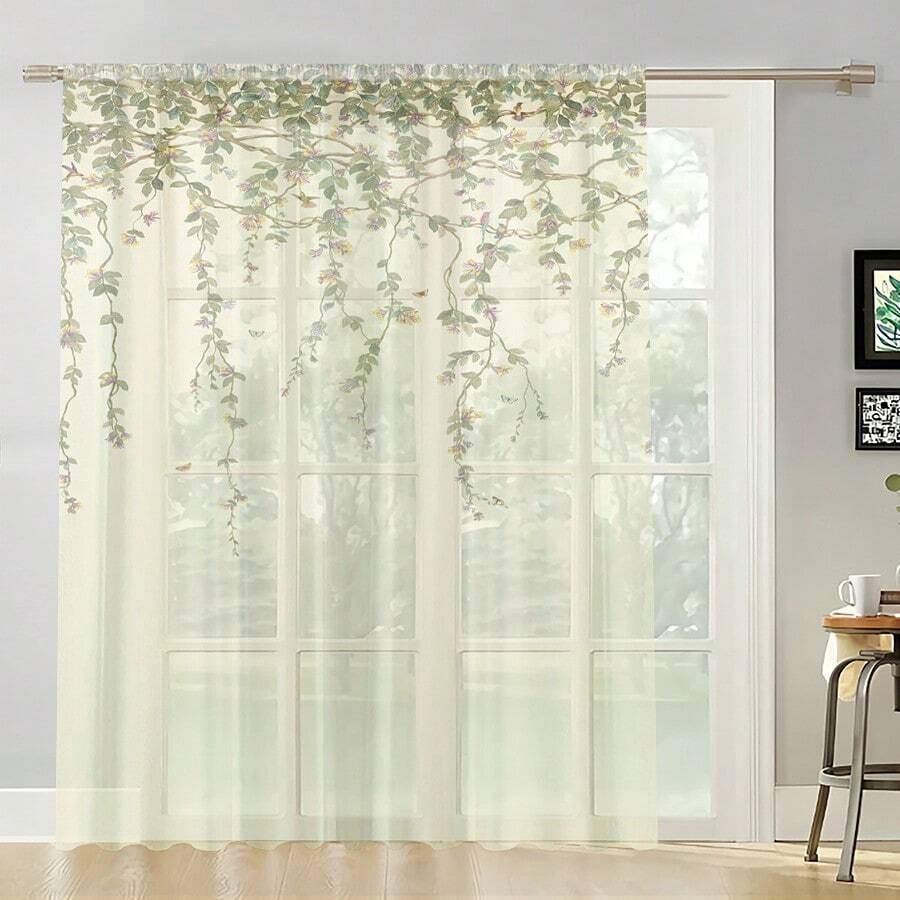 1件装多色绿色藤蔓印花，饰以紫色和黄色花鸟图案，田园风格薄纱窗帘，100%涤纶面料，杆袋式设计，无衬里，90克/平方米，宽180厘米，适用于卧室、客厅、餐厅、浴室和户外场所。 - 彩色 - 查看 1