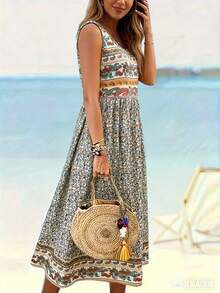 Solstice Apparel Bohemian Paisley Floral Patchwork Sleeveless Crew Neck Maxi Dress, Vacation Style, Perfect For Beach Travel Daily Outings Spring Summer Long Dress Elegant - Multicolor - View 4