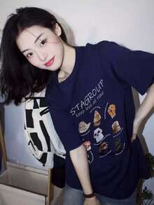 休闲宽松双面卡通动物印花T恤，轻便百搭，适合女性通勤穿着，春夏款 - 藏蓝色 - 查看 1