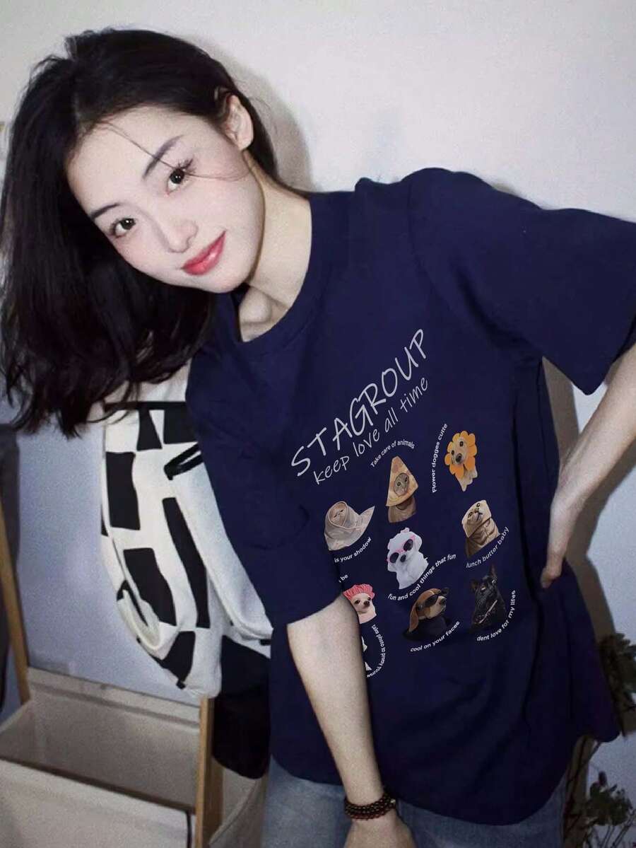 休闲宽松双面卡通动物印花T恤，轻便百搭，适合女性通勤穿着，春夏款 - 藏蓝色 - 查看 1