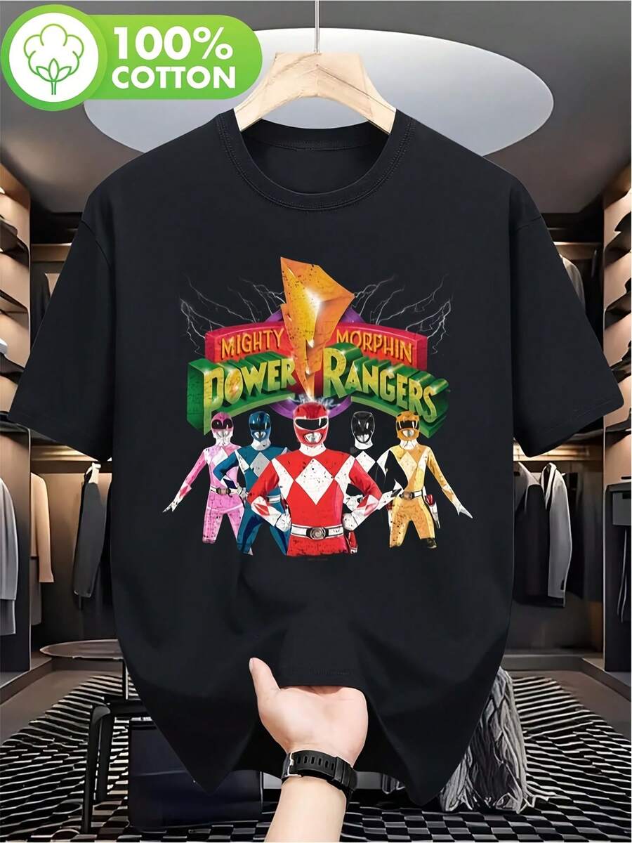 Camiseta de manga corta para hombre, verano, ideal para uso diario y actividades al aire libre.Esencial de moderno Camiseta de algodón negro con el patrón de Power Rangers - Negro - Ver 1