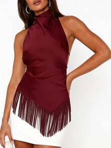 Women's Halter Neck Satin Tops Sleeveless Backless Solid Color Slim Fit Tops Summer Shirts With Fringe Hem - Burgundy - Tassel - View 3