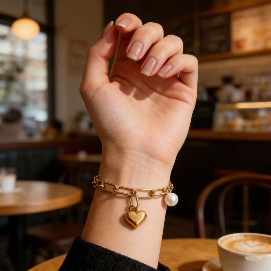 1条金色不锈钢回形针链手链，心形和珍珠吊坠，现代时尚饰品，适合日常佩戴 - 金色 - 查看 1