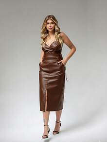 Black Faux Leather Skirt With Front Slit And Belt. - 摩卡棕 - 查看 2
