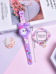 2026 Nuevo Set de 2 piezas, regalo para la amiga de la hija, reloj de estudiante con correa de silicona suave, reloj de cuarzo con conejo de orejas largas y creativo, pulsera de cuentas colorida - Morado - Ver 4
