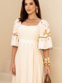 Women's Long Dress With Flare Sleeves In Printed Viscose Linen - Màu be - Xem 1