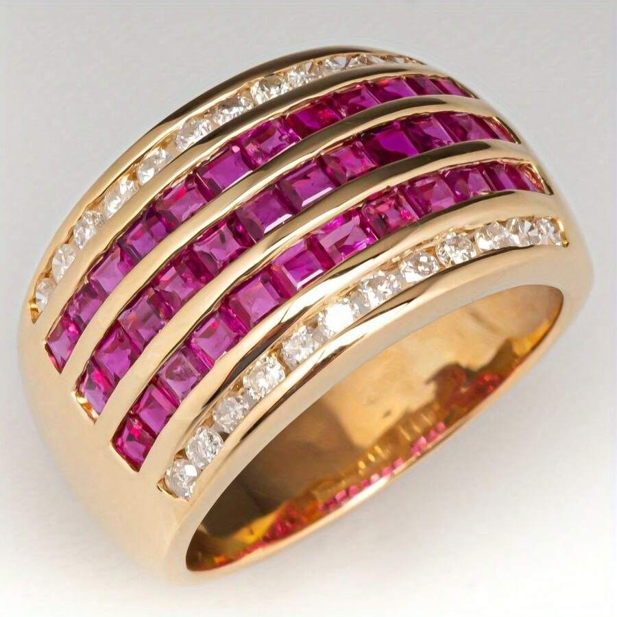 Women's Vintage Wide Copper Ring, Inlaid With Multiple Rows Of Synthetic Cubic Zirconia, Suitable For Daily Wear, Festivals, Weddings And Parties - Gold - View 1