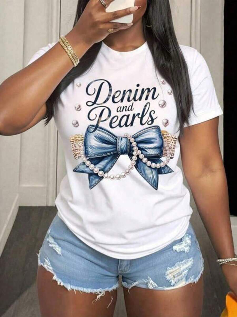 Women's T-Shirts Denim And Pearls With Bow, Summer Beach Vacation, Outfit For Stylish Women T-Shirt With Denim And Pearls Coquette Bow Design - 白色 - 查看 1