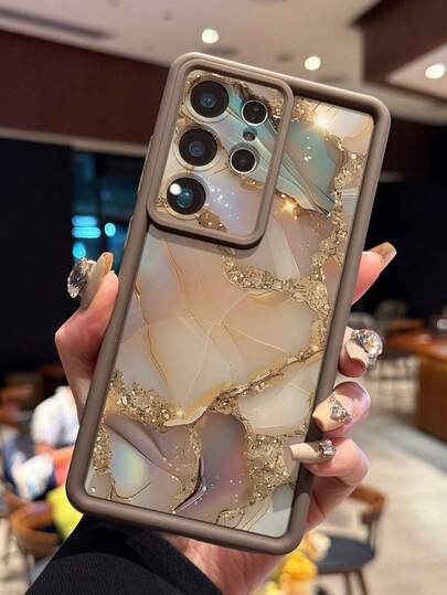 1pc Marble Pattern Printed Phone Case With Camera Protection Hole, Thick Anti-Drop Coffee Brown Phone Cover For Android Galaxy A55/A15/S21,S22,S23 FE,S24 Plus,25 Ultra,/, SMART 8 Pro,Honor,One Plus