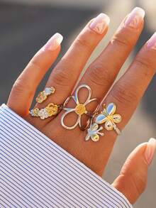 3pcs/1pc Minimalist Floral Open Rings Set, Golden & Silver Tone Flower & Butterfly Design Adjustable Finger Rings, Fashion Jewelry For Women, Suitable For Daily Wear, Stacking, Party & Valentine's Day Gift - Multicolor - View 5