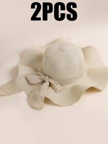 亚麻波浪边蝴蝶结女士宽檐沙滩帽，纯色简约遮阳帽 - 彩色 - 查看 14