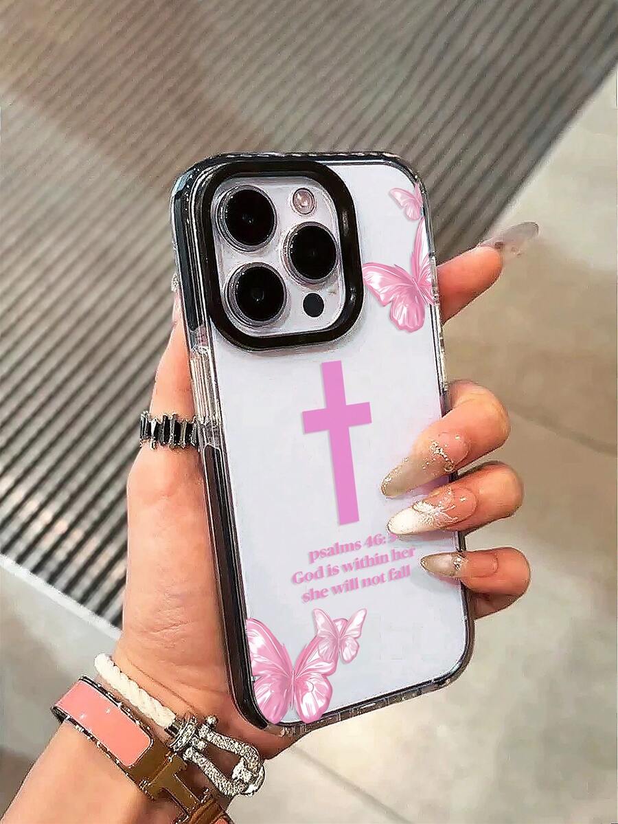 1个“诗篇46:5 神在她里面，她必不至动摇”基督教手机壳，透明机身搭配黑色软边框和黑色镜片边框，防摔保护壳，饰有粉色十字架和蝴蝶图案，少女心十足的设计，兼容 12/15/16/16 Plus/17/17 Pro/17 Pro Max，适合基督徒、女孩、母亲节、生日及日常使用，快速发货 - 無色 - 查看 1