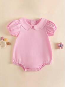 Baby Boy Girl Bubble Romper Infant Short Sleeve Collar Romper Oversize T-Shirt Cotton Bodysuit Top - 粉色 - 查看 1