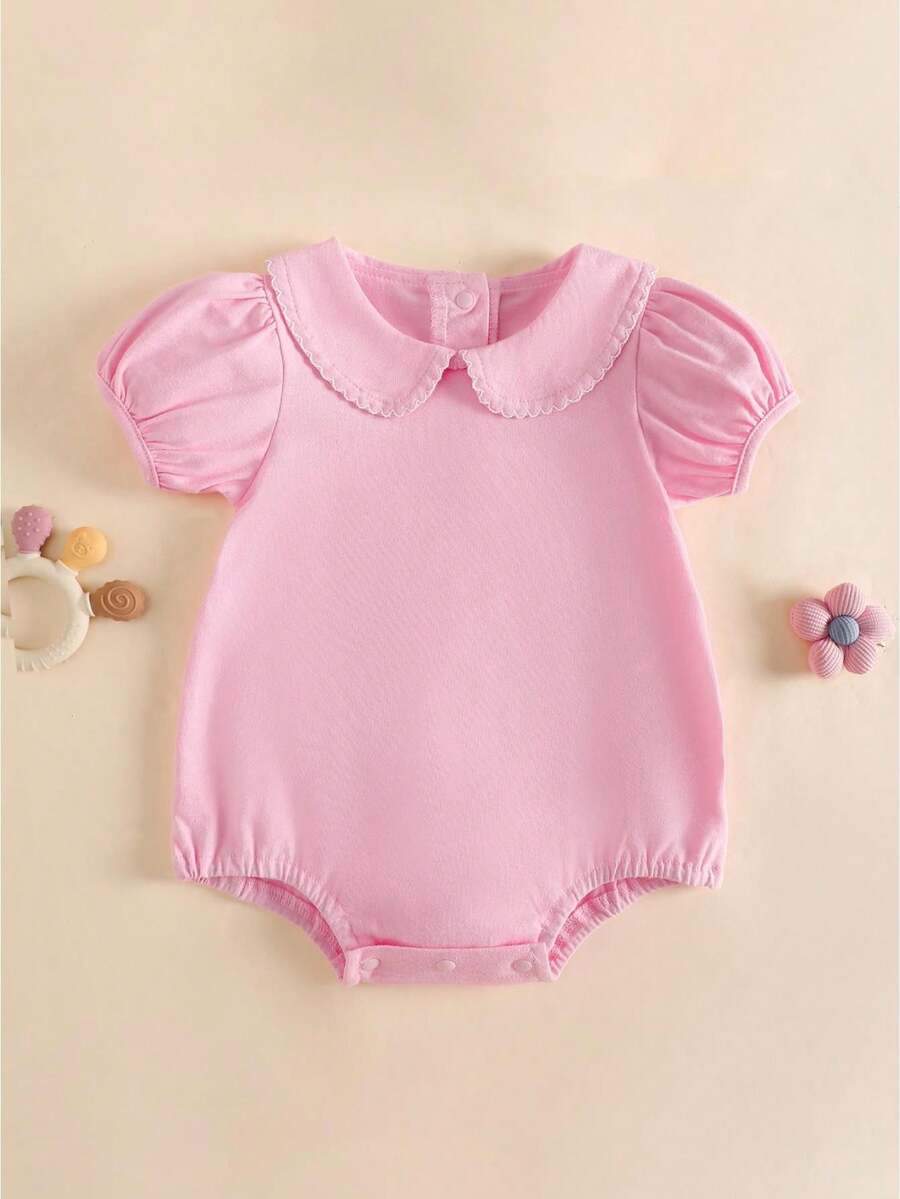 Baby Boy Girl Bubble Romper Infant Short Sleeve Collar Romper Oversize T-Shirt Cotton Bodysuit Top - 粉色 - 查看 1
