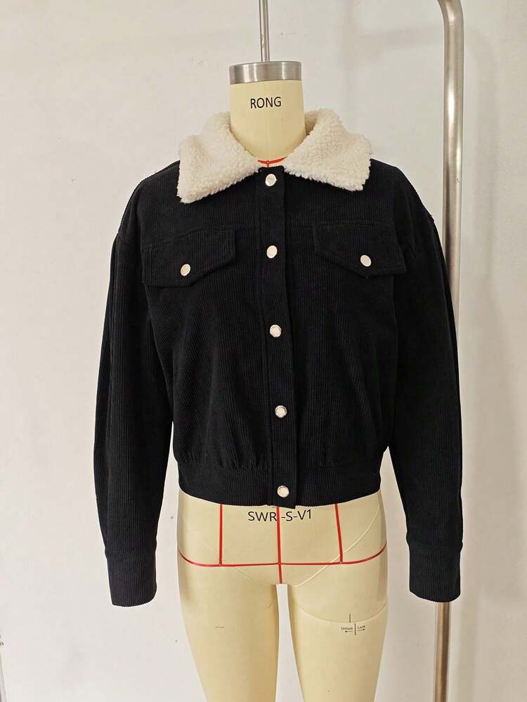 Women's Elegant Casual Corduroy Patchwork Fur Collar Button Front Pocket Long Sleeve Short Jacket, Versatile Bomber Coat Black Spring - Black - View 8