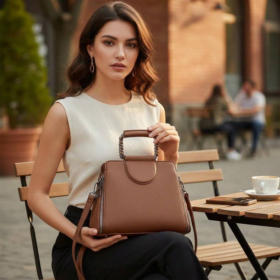 LaytonVivian L015 Women's Classic Edition Handbag With Chain Strap And Minimalist Structured Design, Elegant And Sophisticated, In Premium PU Leather, With Zipper Opening, Adjustable Shoulder Strap And Reinforced Hand Strap – Ideal For Work, Outings And Everyday Events. - 咖啡棕 - 查看 1