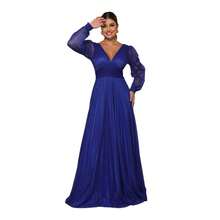 Elegant Women's Long Dress With Long Sleeves And Pleats, Suitable For Bridesmaids, Bridesmaids, Mothers Of The Bride, Groomsmen, Weddings, Graduations, And Evangelical Fashion. - Xanh đậm - Xem 2