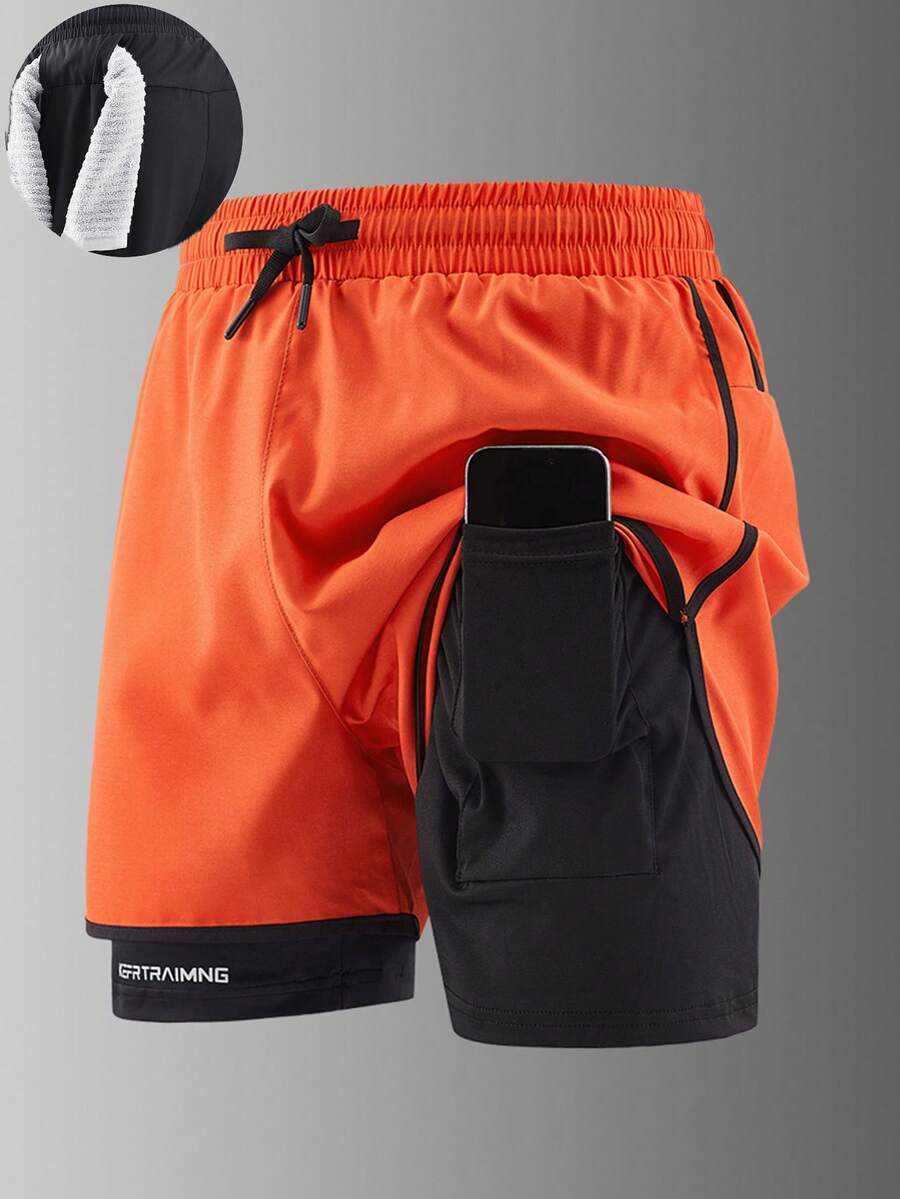 2-In-1 Men's Gym Shorts, Breathable Quick-Dry Printed Workout Shorts For Spring/Summer Outdoor Running & Fitness - Orange - View 1
