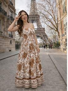 Women's Strapless Boho Print Long Dress With High Waist, Summer Beach Style, Elegant 2026 - Rỉ Nâu - Xem 3