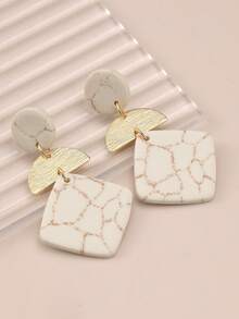 一对全新复古西部风格手工软陶裂纹几何拼接独特品质女士几何耳环，适合度假旅行和日常佩戴 - 杏色 - 查看 7