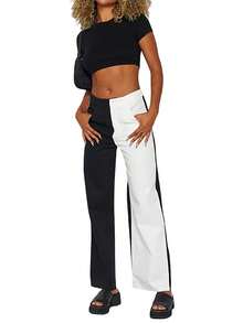 Womens Fitted Crop Tops Solid Color Short Sleeve Cropped T-Shirts Summer Clothes - Black - View 6