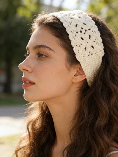 1 pieza Diadema minimalista y elegante para mujer, diadema de color crema con mariposa de ganchillo