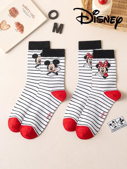 Disney 2/1 Pair  & Pattern Women's Mid-Calf Socks, Cute Cartoon Distinctive Design, Odor-Resistant Moisture-Wicking Casual Crew Socks, Suitable For Students/Adults As Gifts Or Daily Wear, Couple Matching