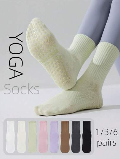 1/3/6 Pairs Of Women's Multi-Color Combination, Vertical Ribbing, Waist, Non-Slip Glue On The Sole, Couple Style, Four Seasons Style, Breathable Knitted Fabric, Ins Style, Simple Style Mid-Tube Sports Socks, Home, Men And Women Fitness, Yoga, Pilates, Holiday Gifts