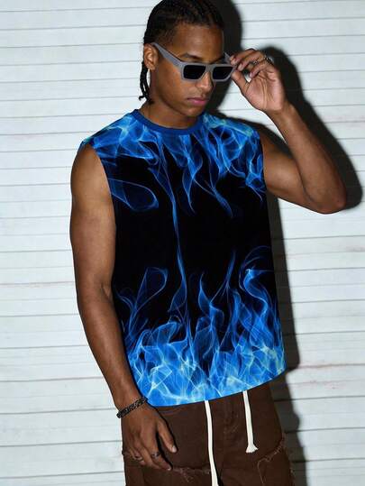 Modcrash 3D 打印火焰元素无袖背心 - 男士超透气、弹力、无袖设计 - 非常适合夏季健身、训练、篮球和休闲穿着，春夏复古美式风格，男女皆宜，宽松版型夏季服装 - 适合日常穿着和夏季度假服装。