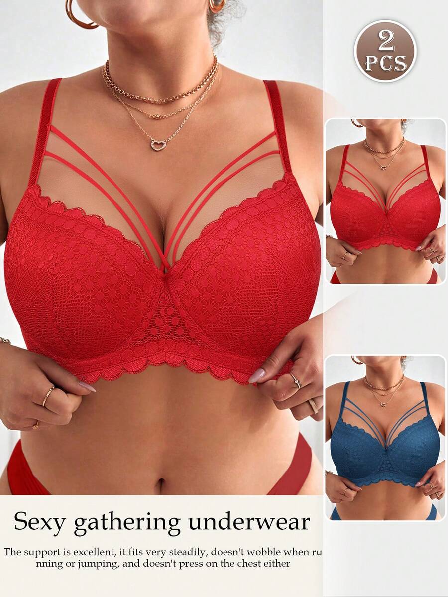 mimilemon 2 piezas Sujetador de encaje con aros para mujer de talla grande, conjunto de lencería cómoda