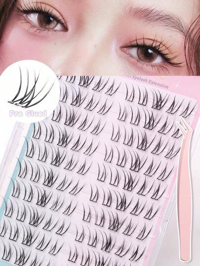 100片预粘假睫毛，自然款，9-12mm混合尺寸，按压式DIY假睫毛，自粘式，纤长蓬松，打造自然妆效，交叉款，无需胶水，适合日常使用，日韩系化妆工具