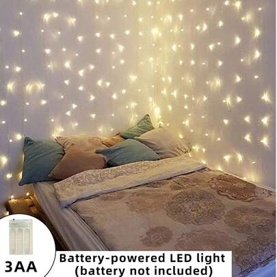 1 Stück 200led 2x2m Kupferdraht-vorhanglicht, Partydekoration, Mädchenzimmer, Schlafzimmer-wanddekoration, Batteriebetriebene Lichterkette Mit Feenvorhang