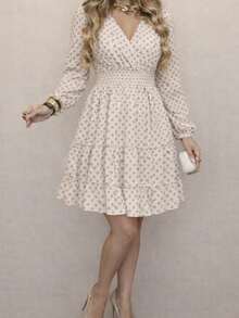 Women Long-Sleeved Wrap-Neck Patterned Mini Modal Dress , 31626 - Beige - View 1