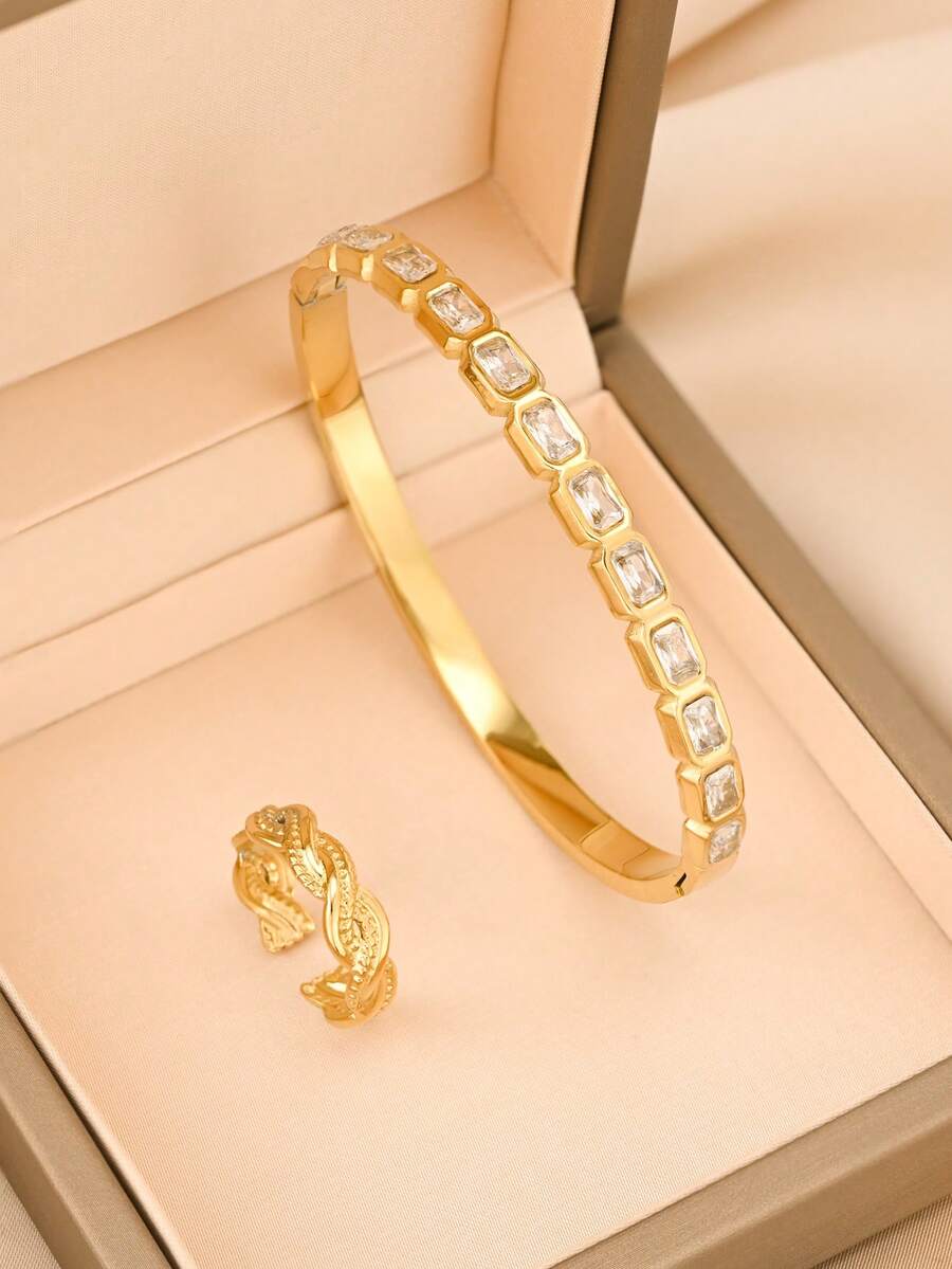 Set de 2 piezas de pulsera y anillo de acero inoxidable de moda, diseño único con diamantes cuadrados pavimentados y diseño retorcido vintage, joyería de nicho lujosa adecuada para boda, cita, fiesta, regalo de novia, commute, vacaciones - Dorado - Ver 1