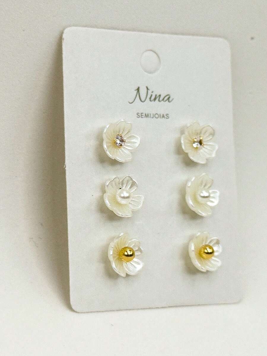 TRIO FLOR COM BRINCO ZIRCONIA, BOLA E PEROLA DO TAM 3 AO 5 MM PRATA 925 OU FOLHEADO A OURO - Dourado - Visão 1